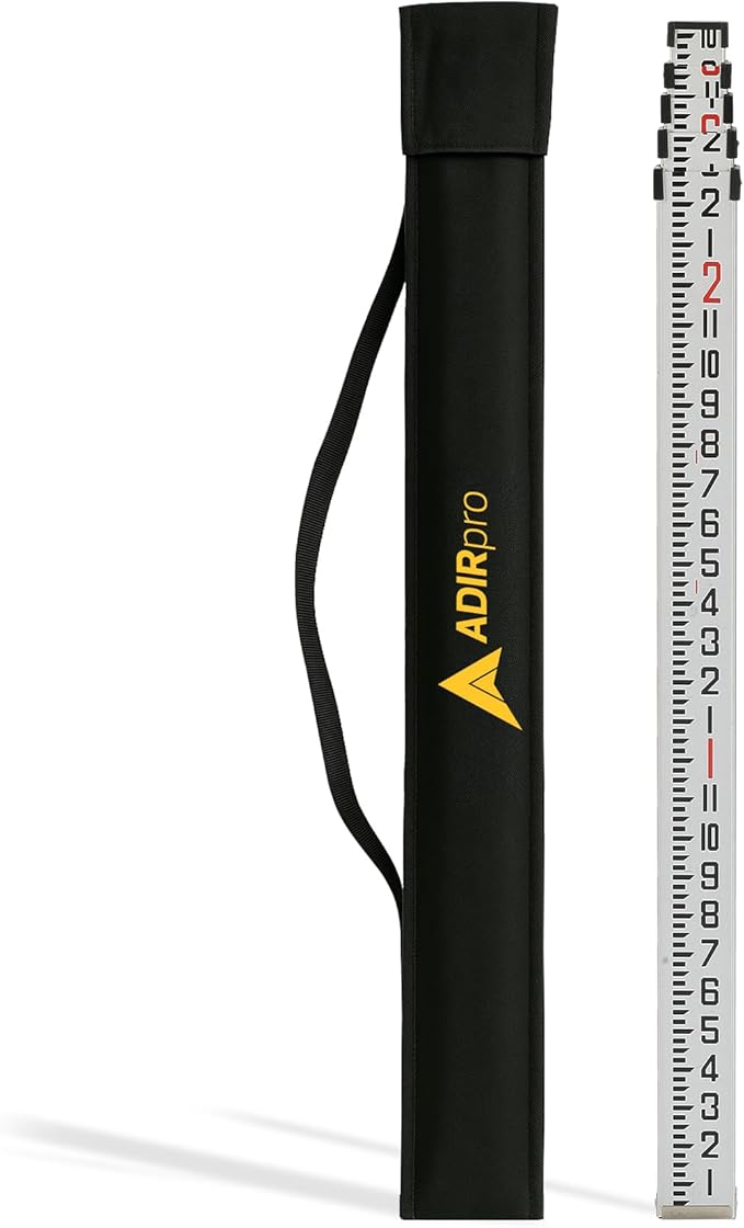AdirPro 16-Foot Aluminum Grade Rod – 8ths, Dual Sided 5-Section Telescopic Leveling Rod – Bubble Level and Soft Carrying Case Included