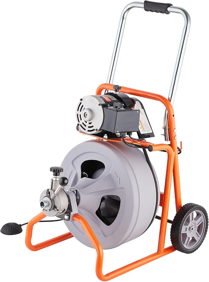 VEVOR Drain Cleaner Machine 75FT x 1/2 Inch, Auto Feed Sewer Snake Drain Auger on Wheels, Portable Drain Cleaning Machine with 8 Cutters & Air-activated Foot Switch for 2" to 4" Pipes
