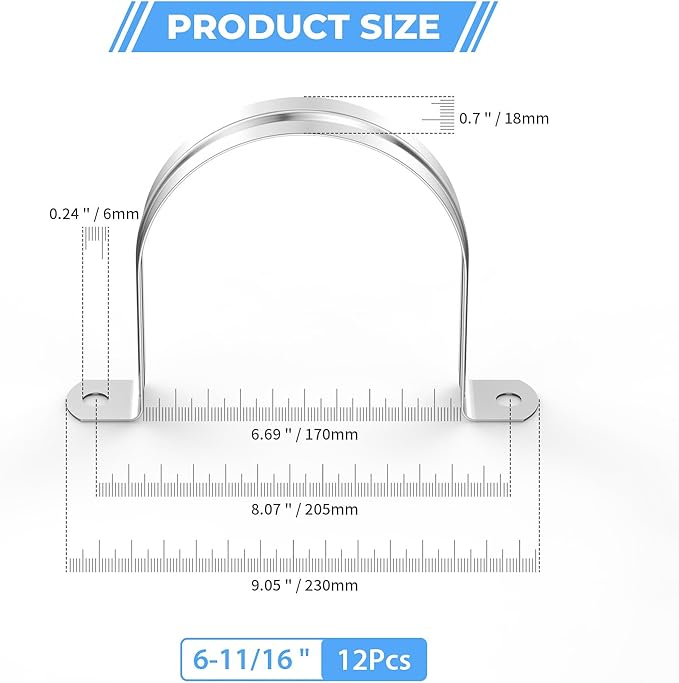 12pc 6 11/16Inch (170mm) 304 Stainless Steel Conduit Clamps, U-Tube Pipe Clamp 2 Hole Strap U Bracket Rigid Pipe Metal Conduit Strap Tension Clips