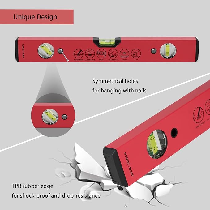 BETHEL Torpedo Level, 16" Magnetic Torpedo Spirit Level Tool with 3 Vials, 45°/90°/180°Degrees, Aluminum Shockproof Bubble Level, High Visibility Red Durable Measuring Leveler