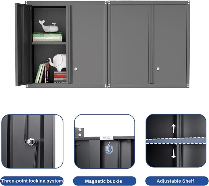 Metal Garage Wall Cabinet, Metal Wall Mounted Storage Cabinets with Lockable Doors and Adjustable Shelves, Floating Tool Cabinet for Garage, Home Office, Kitchen,Black