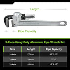 3-Piece Heavy Duty Aluminum Straight Pipe Wrench Set, 10", 14", 18", Adjustable Plumbing Wrench Set, Drop Forged, Exceed GGG standard
