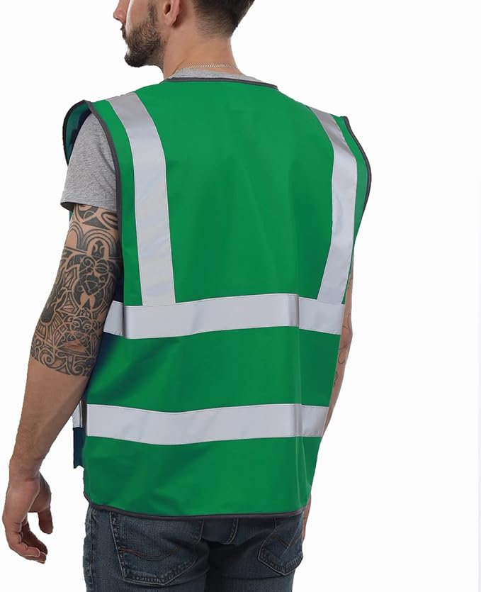 Dib Safety Reflective Vest High Visibility with Pockets and Zipper, Green XL