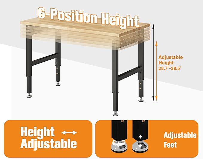 SPECRAFT Adjustable Heavy Duty Workbench with 4 AC Outlet and 2 USB Ports Power Outlets, 2000 Lbs Capacity, Rubber Wood Top for Garage, Workshop, Office