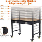 48x24 Inch Garage Workbench with Wheels, Adjustable Rubber Wood Top Garage Workbench with Power Outlet, 2000 Lbs Load Capacity, for Workshop, Woodworking, Office, Home.