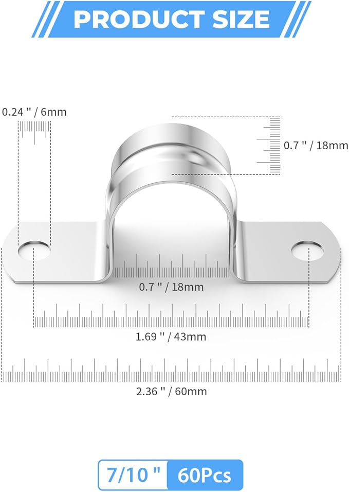 60Pcs 7/10 Inch (18mm) 304 Stainless Steel Conduit Clamps, U-Tube Strap Pipe Clamp Two Hole Strap U Bracket Rigid Pipe Strap Clamps Metal Conduit Strap Tension Clips U-tube Clamp Heavy Duty