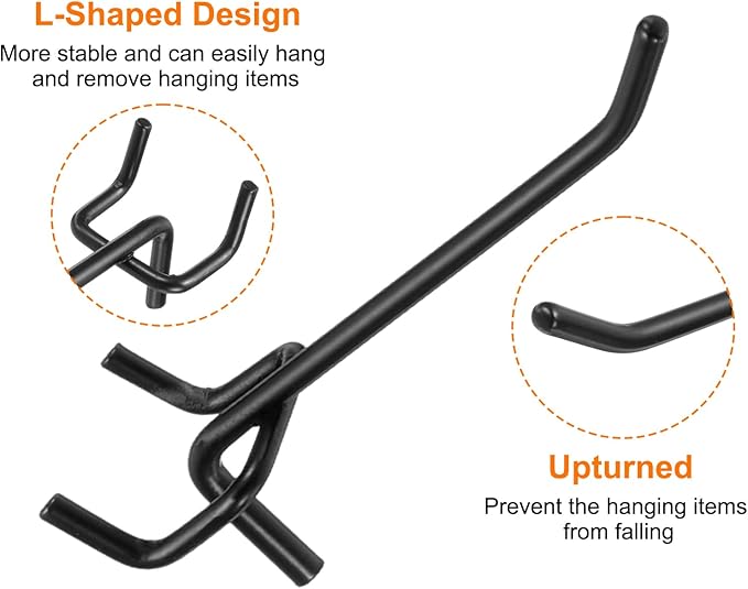 HARFINGTON 10pcs Pegboard Shelving Hooks 4" Stainless Steel Peg Board Display Hook Hanging Holders Wall Mount Organize Tools for Workbench Garage Kitchen Store, Black