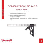 Starrett Steel Combination Squares with Square Head - 300mm Blade Length, Forged and Hardened Steel Heads, Reversible Lock Bolt, Scriber, Spirit Level, 35 Graduation Type - C33MH-300
