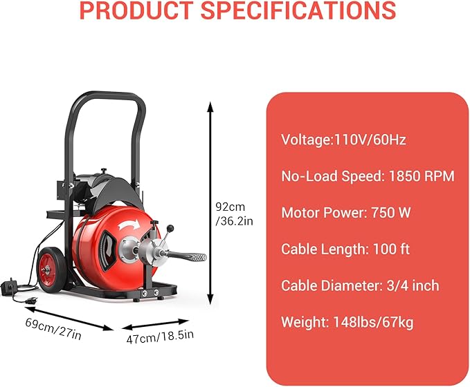 Electric Drain Cleaning Machine 100Ft 3/4 Inch, 750W Auto Feed Portable Sewer Snake, Drain Auger with 6 Cutter and Air-Activated Foot Switch for 4"–8" Pipes