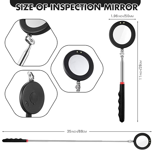 1 Pcs Telescoping Inspection Mirror Mechanics Automotive Tool with Long Handle Extendable Mirror on a Stick for Technicians Mechanics Contractors Checking Observation(Black,Round with Light)
