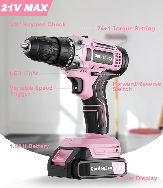 GardenJoy Cordless Power Drill Set - 21V Electric Drill Driver Kit with Battery and Fast Charger, 65pcs Acessories, 2 Variable Speed Control, 3/8-Inch Keyless Chuck and 24+1 Torque Setting