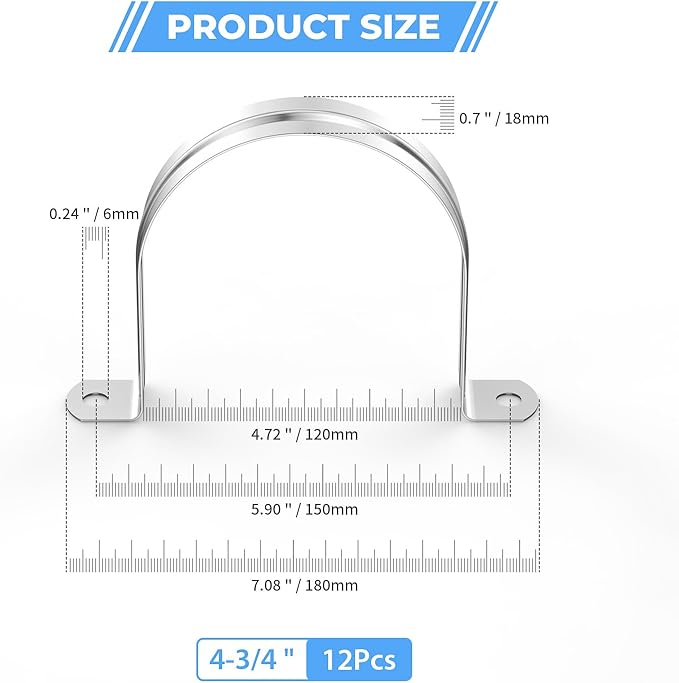 12Pcs 4 3/4Inch (120mm) 304 Stainless Steel Conduit Clamps, U-Tube Strap Pipe Clamp 2 Hole Strap U Bracket Rigid Pipe Metal Conduit Strap Tension Clips U-tube Clamp