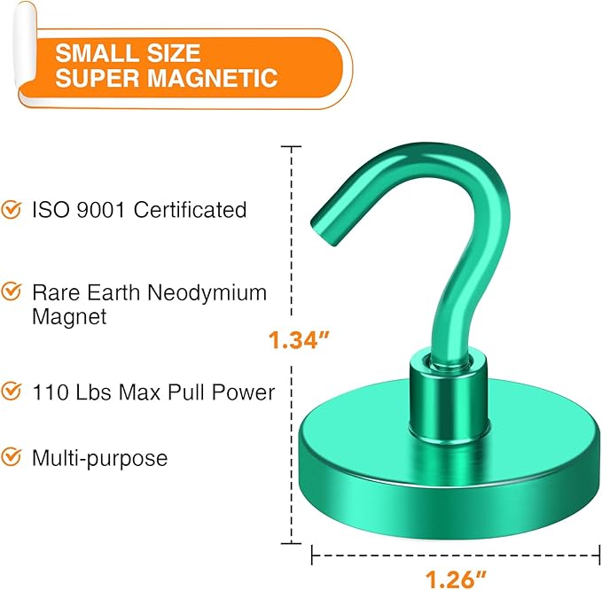 MIKEDE Strong Magnetic Hooks, 110Lbs Heavy Duty Magnetic Hooks for Cruise, Neodymium Earth Magnets with Hooks for Hanging, Super Metal Industrial Magnets for Grill, Storage (Green,10 Pack)