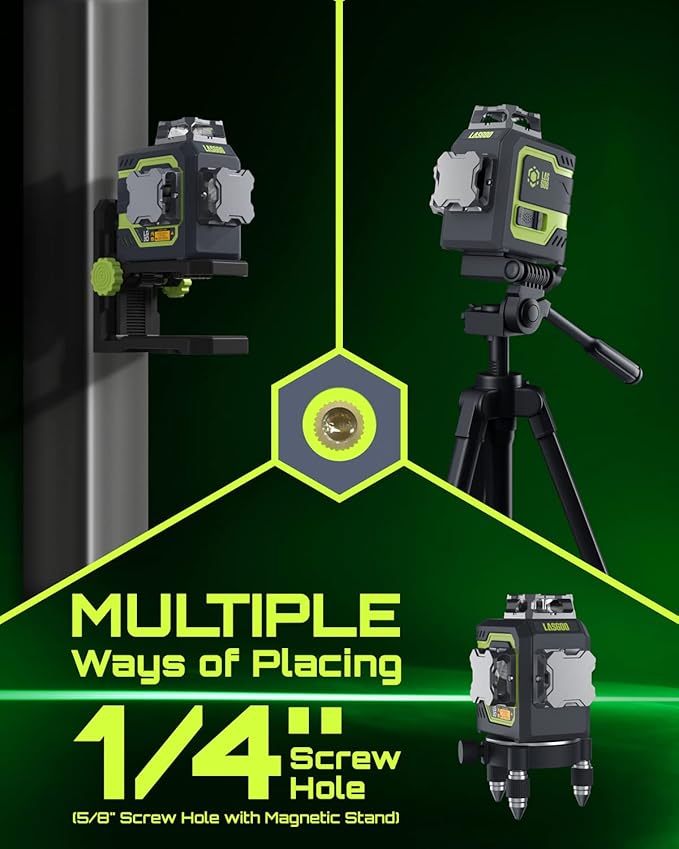 LG-3D Laser Level Self Leveling 3x360°, 3D Green Beam Cross Line Laser for Construction and Picture Hanging, 2 Rechargeable Batteries (20 Hrs), Magnetic Liftable Stand Included, Green