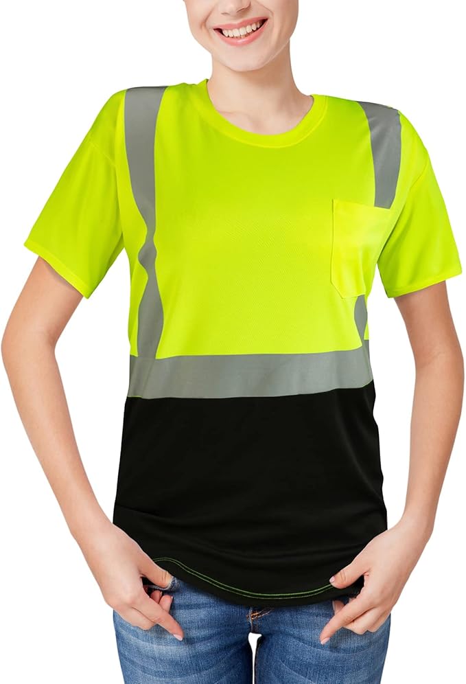 High Visibility Shirts Quick Dry Safety T Shirts with Reflective Strips and Pocket Short Sleeve Mesh Hi Vis Construction Work Class 2 Shirt for Men/Women Black Bottom Lime,2XL