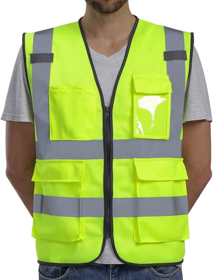 Dib Safety Vest Reflective ANSI Class 2, High Visibility Vest with Pockets and Zipper, Construction Work Vest Hi Vis Yellow XL