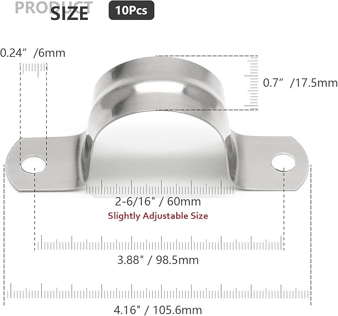 10Pcs 2-3/8 Inch Stainless Steel Conduit Clamps, Two Hole Strap U Bracket Rigid Pipe Strap Metal U Clamp Conduit Strap Tension Clips U-tube Clamp Heavy Duty