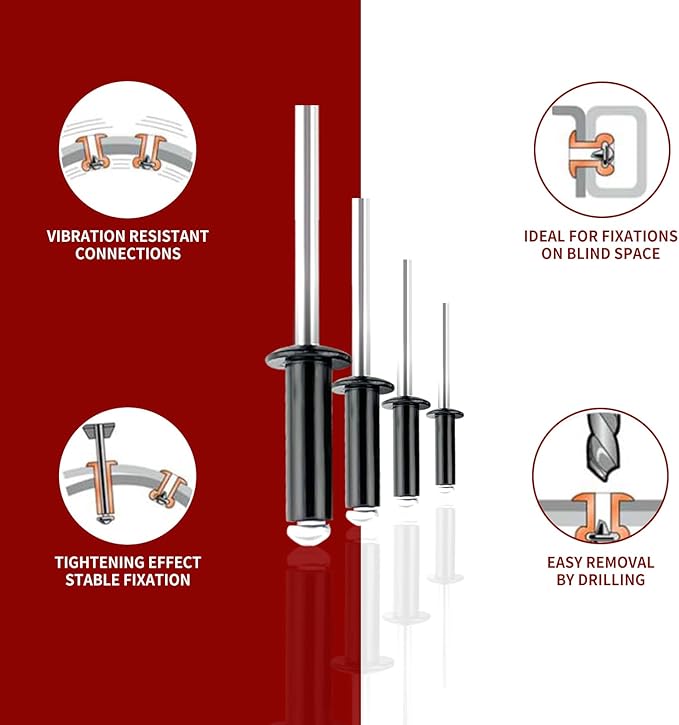210Pcs Black 3/16'',1/8'' Pop Rivets Assortment Kit, 8 Sizes Aluminum Rivets,Aluminum blind rivets for metal Dome Head rivet kit