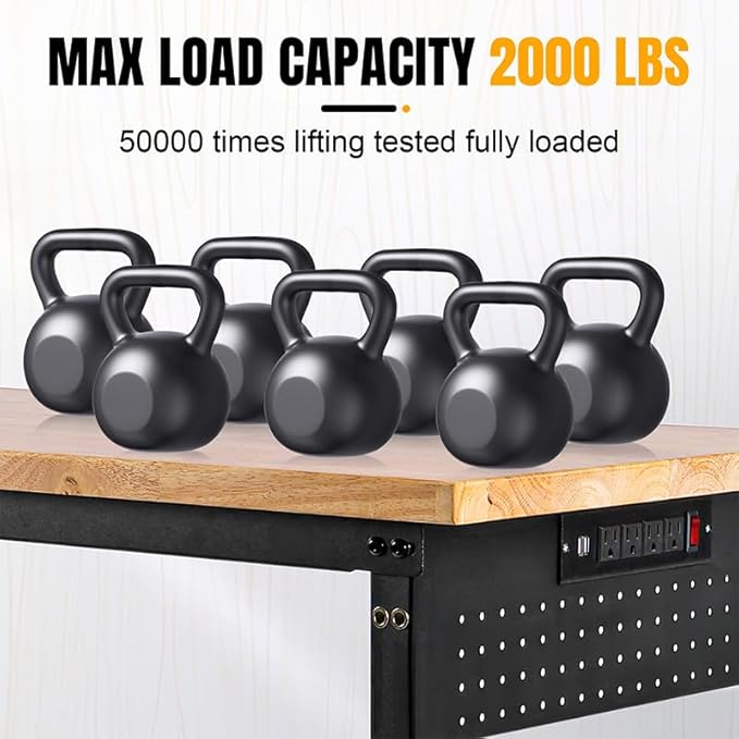 48" L×24”W Adjustable Workbench, 28”-40”Heights Heavy Duty Table 2000 LBS Load Capacity, Work Bench with Power Outlet & Pegboard, Rubber Wood Work Table for Garage, Office, Workshop, Home