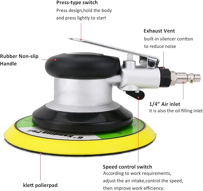 6 inch Pneumatic Orbital Sander, Action Air Sander with Hook and Loop Sanding Pad for Woodworking, Autobody Work(Silver)