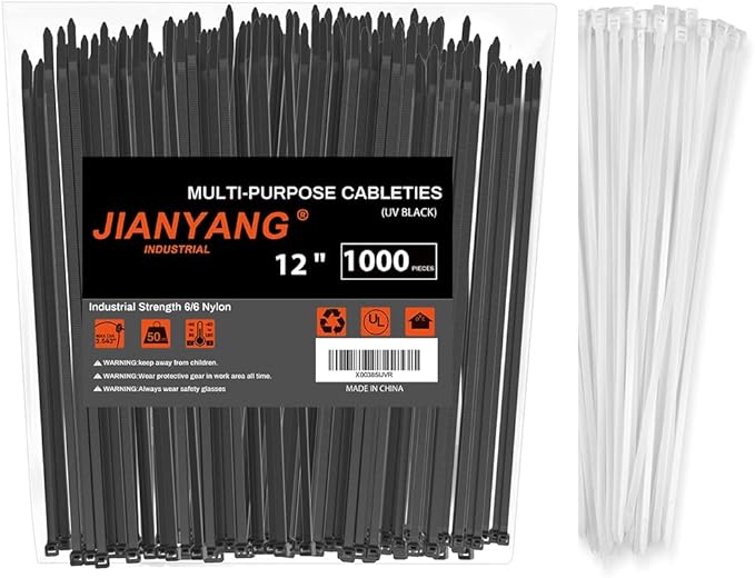12 Inch Zip Ties (Bulk 1000 Pack Black & 100 Pack White),50LBS Tensile Strength Heavy Duty Cable Wire Ties With Self-Locking Adjustable Durable Nylon Tie Wraps for Indoor Outdoor (10 Pack Mount)