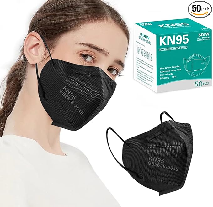 50PCS KN95 Face Masks Black 5 Layer Cup Dust Safety Filter Efficiency≥95% with Elastic Ear Loops and Nose Bridge Clip Breathable Mask