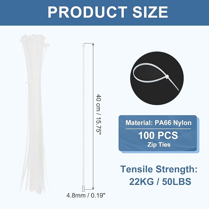 PATIKIL Cable Zip Ties 16 Inch, 100 Pcs Self-Locking Nylon Wire Tie Wraps Heavy Duty Cord Management with 50 lbs Tensile Strength for Indoor and Outdoor, White (0.2" W)