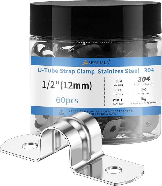 60Pcs 1/2 Inch (12mm) 304 Stainless Steel Conduit Clamps, U-Tube Strap Pipe Clamp Two Hole Strap U Bracket Rigid Pipe Strap Clamps Metal Conduit Strap Tension Clips U-tube Clamp Heavy Duty