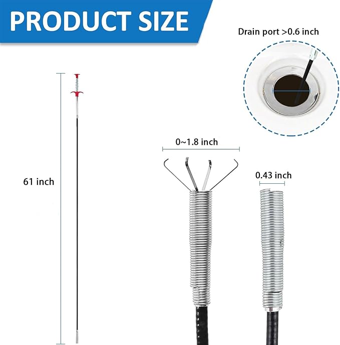 Drain Snake,61 inch Flexible Grabber Claw Pick Up Reacher Tool,Drain Clog Remover - Gutter Cleaning Tools for Home Sink, Bathroom Tub,Drain, Toilet, Tight Spaces