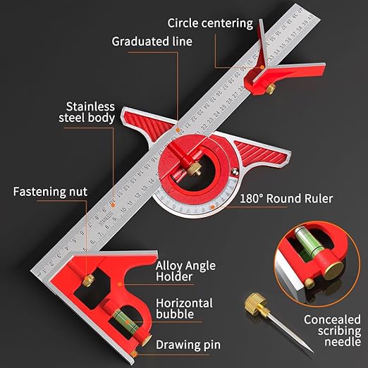 BAUSATZ Combination Square 400mm Carpenter Square Woodworking Square Ruler Protractor Angle Finder Combo Square Tool 180° Angle Ruler Carpenter Tool Combination Square Set with Bubble Level