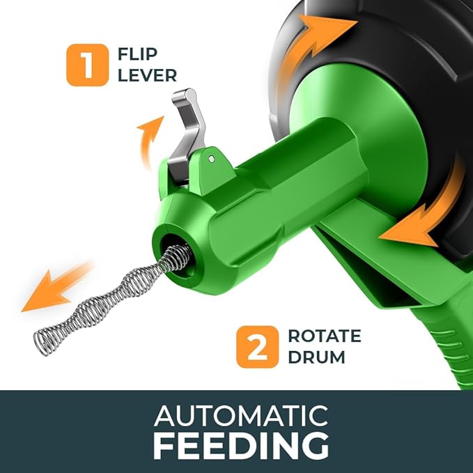 drain snake [25 FT] - Auto Feed - Ideal plumbing snake for sink and drain unblocking - Solid drain auger for real DYIs! (25 FT - 1/4 inch)