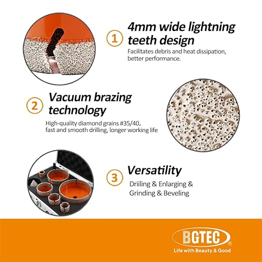 Diamond Core Drill Bit Kit BGTEC Diamond Hole Saw Tile Cutter for Porcelain Tile Ceramic Marble Brick Granite Stone, 5/8"-11 Thread 6/6/8/25/35/50/65mm+6-25mm Finger Chamfer Bit+SDS Adapter