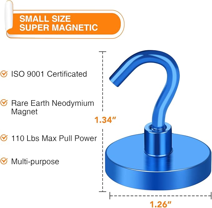 MIKEDE Strong Magnetic Hooks, 110Lbs Heavy Duty Magnetic Hooks for Cruise, Neodymium Earth Magnets with Hooks for Hanging, Super Metal Industrial Magnets for Grill, Storage (Blue,10 Pack)