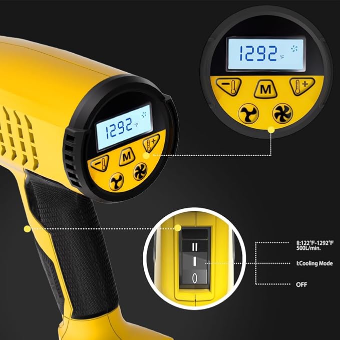 LCD Heat Gun with5 Preset odes, Long Lifespan HeavyDuty Hot Air Gun Adjustable 122°F1292°F & Memory Setting for CraftsShrink Wrapping