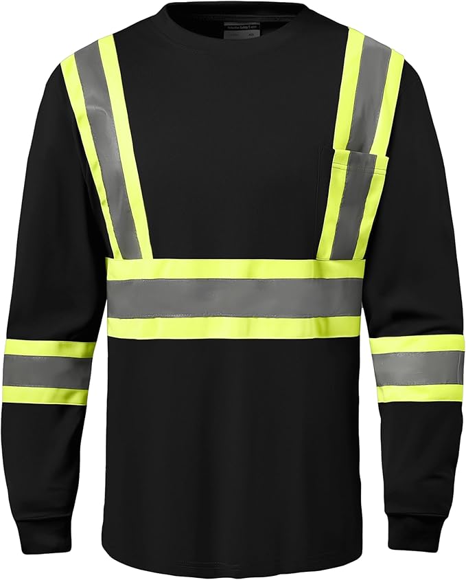 Hi Vis Safety Long Sleeve Shirts，High Visibility Class 3 T Shirts with Reflective Strips and Pocket, Quick Dry Mesh Construction Work Shirt for Men/Women (Black,Small)