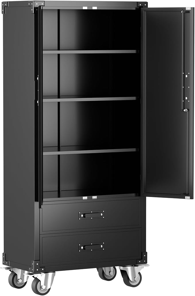 Aobabo Garage Metal Storage Cabinet with Wheels, Lockable Steel Storage Cabinet with 2 Large Drawer and 3 Adjustable Shelves, for Home, Office, Classroom, Black, Assembly Required