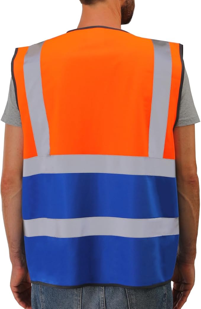 Dib Safety Reflective Vest High Visibility with Pockets and Zipper, Orange and Blue 2XL