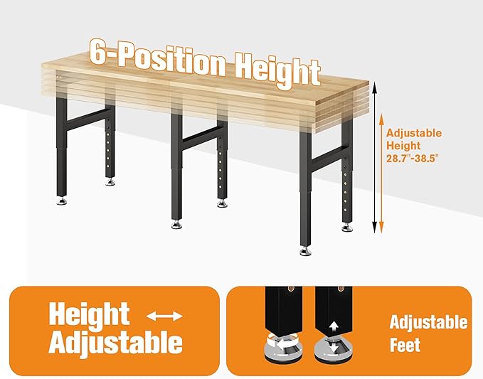 SPECRAFT 72“ Adjustable Heavy Duty Workbench with 4 AC Outlet and 2 USB Ports Power Outlets, 5000 Lbs Capacity, Rubber Wood Top for Garage, Workshop, Office