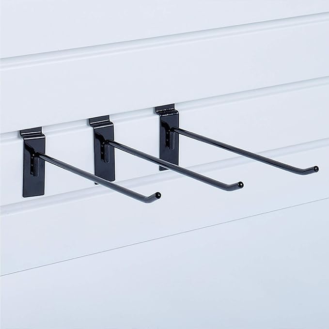 KINGDOM SOLUTIONS – 16-Pack Black Metal Slatwall Hooks (8X 4, 8X 6) – Heavy-Duty Slat Wall Accessories for Garage Organization, Retail Displays & Tool Storage Systems