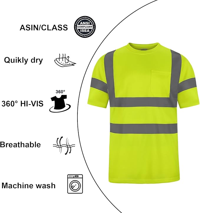 High Visibility Class 3 T Shirts，Hi Vis Safety Shirts with Reflective Strips and Pocket, Short Sleeve Quick Dry Mesh Construction Work Shirt for Men/Women Lime,Large