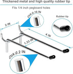 15 Pcs Double Pegboard Hooks 4 Inch, Heavy Duty Peg Board Hooks with Black Rubber Tipped, Pegboard Accessories Fit 1/4' Board Holes, Peg Tool Utility Hook Organizers for Garage