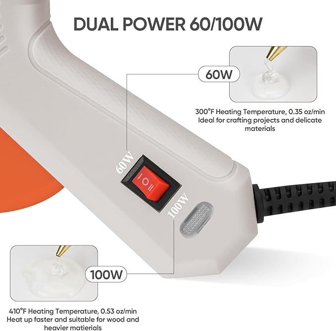 ROMECH Full Size Hot Glue Gun with 60/100W Dual Power and 21 Hot Glue Sticks (7/16"), Fast Preheating Heavy Duty Industrial Gluegun with Storage Case for Crafting, DIY and Repairs (White)