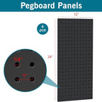 4 Pack 12-Inch X 24-Inch Metal Pegboard Wall Panels, Peg Boards for Garage Tool Storage (Black1224)