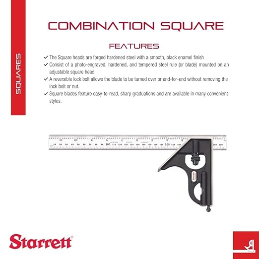 Starrett Steel Combination Square with Square Head - 11-3/4" Blade Length, Forged and Hardened Steel Heads, Reversible Lock Bolt, 36 Graduation Type - C33MEH-300