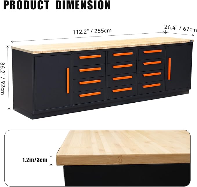 Heavy Duty Garage Cabinet Workbench Table w/Solid Wood Top, Workstation Garage Workbench with Storage for Garage, Warehouse, Office, Workshop, 112.2" W x 26.4" D x 36.2" H