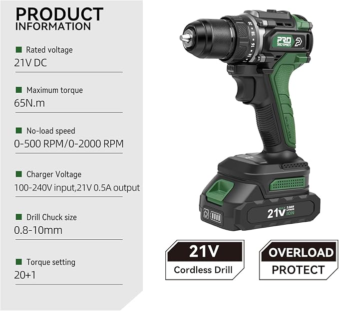 Prostormer Brushless Power Drill Set, 575 in.lbs Drill Driver, 20+1 Max Torque, 3/8" Keyless Chuck, 2pcs Battery & Charger with Storage Box & 24 Pcs Drilling Bits