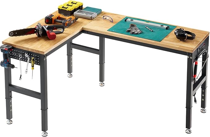 SPECRAFT 68"x48" L-Shaped Workbench with Power Strip, Adjustable Height Heavy Duty Work Table with Pegboard, 6000LBS Load Capacity, Industrial Wood Top Workstation for Garage, Workshop, Home Office