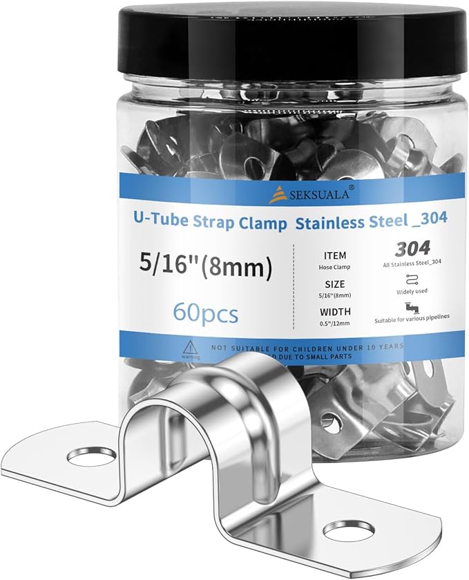 60Pcs 5/16 Inch (8mm) 304 Stainless Steel Conduit Clamps, U-Tube Strap Pipe Clamp 2 Hole Strap U Bracket Rigid Pipe Strap Metal U Clamp Conduit Strap Tension Clips U-tube Clamp