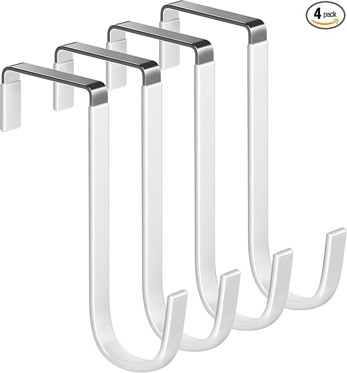 Over The Door Metal Hooks with Plastic Coating 5.5" Fit 0.5" to 1 3/4" Door 4 Pcs Heavy Duty Single Towel Robe Rack Wreath Bathroom Shower Hanger Shoe Organizer Ironing Board Short White