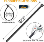 ALBO Zip Ties Black 12 Inch 3000 Pack 50 lb, Long Plastic Cable Ties Thick 0.19 Inch Tie Wraps Heavy Duty UV Resistant Nylon Wire Ties for Indoor and Outdoor / 12х3000